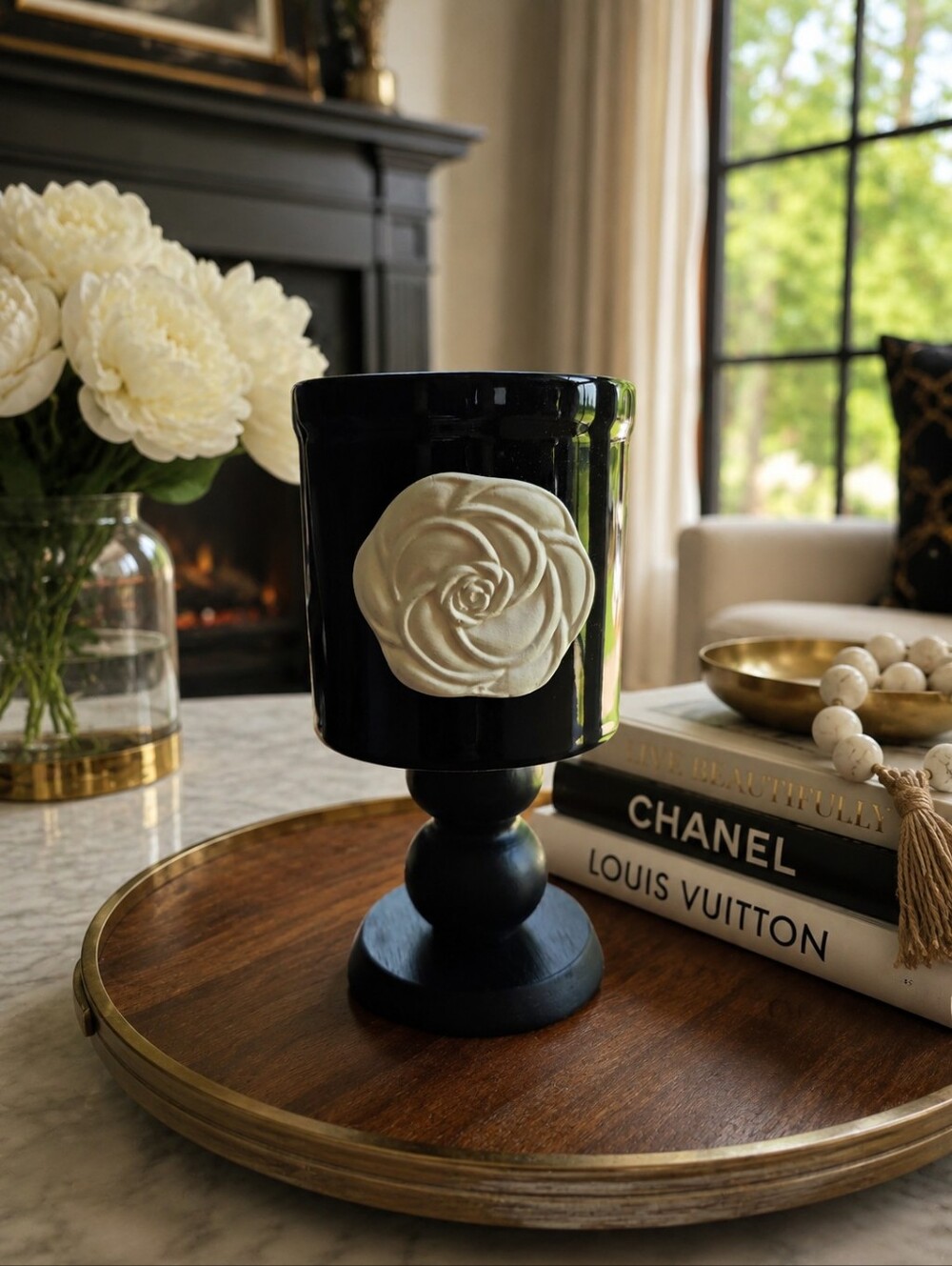 Black Floral Ceramic Pedestal Candle Holder with White Rose Accent